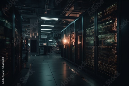 Data center with dimly lit server racks. Generative AI