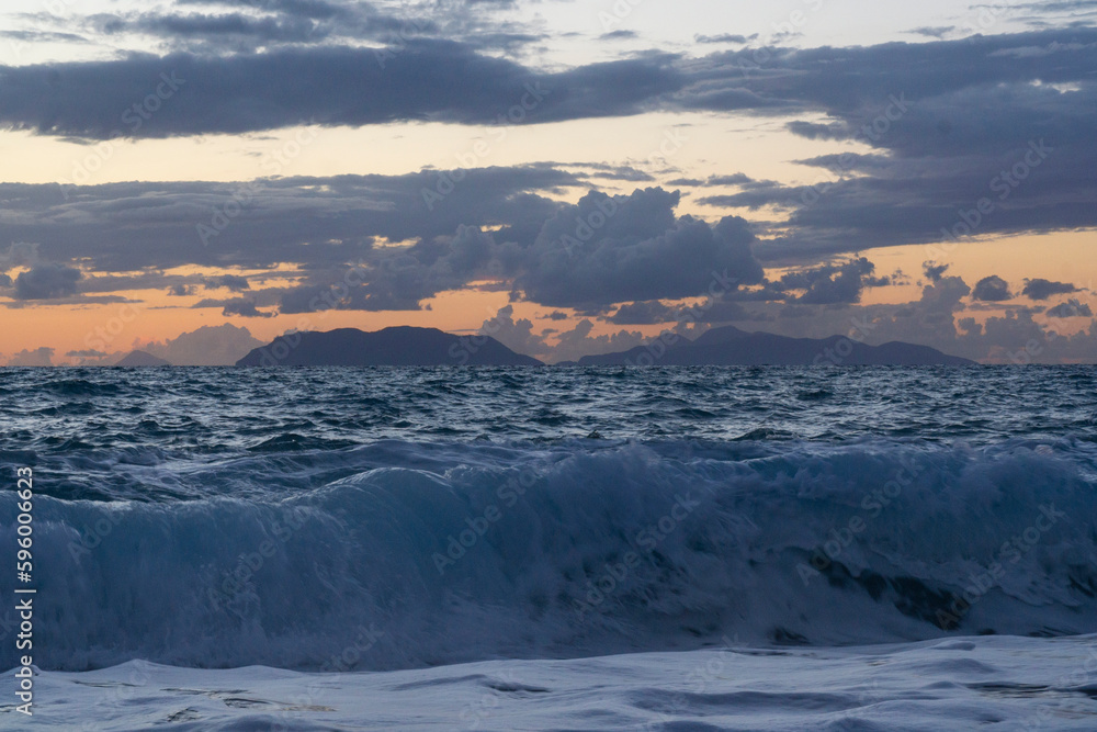 Beautiful shot of blue and orange twilight of vulcano island at sicily italy