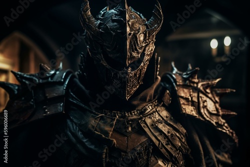 A dark knight wears intimidating armor adorned with demonic features. Generative AI