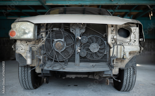 The engine of a car that has been hit hard. Professional technicians repair until it is in normal working condition.