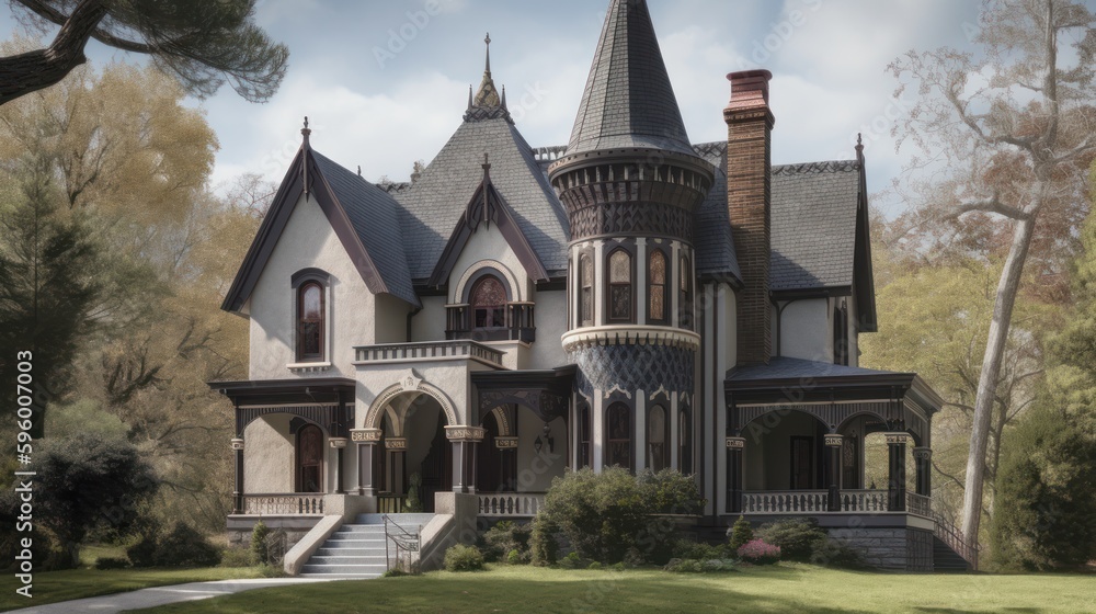 Fototapeta premium Gothic exterior house design in daytime golden hour generative ai