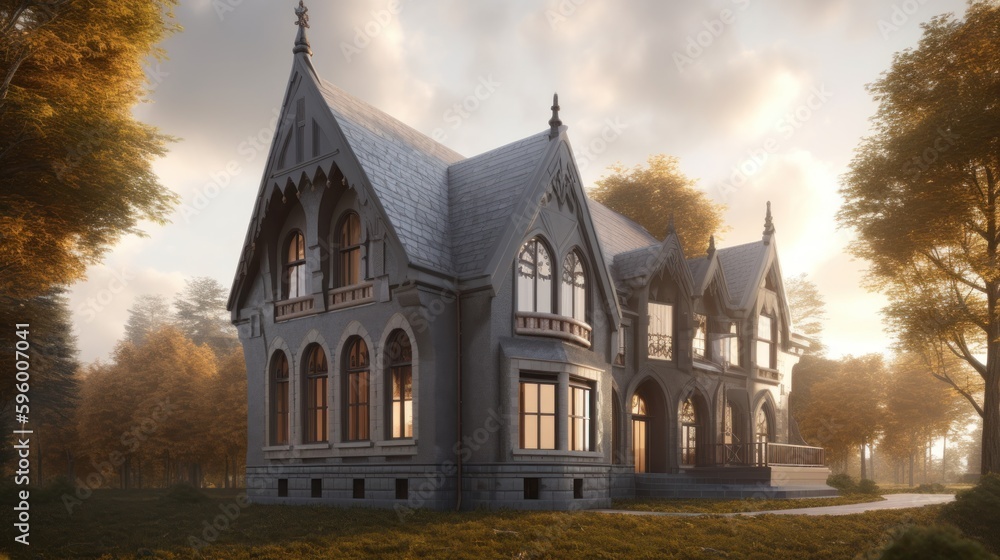 Gothic exterior house design in daytime golden hour generative ai