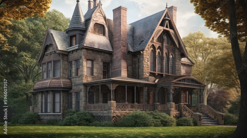 Gothic exterior house design in daytime golden hour generative ai Stock Illustration | Adobe Stock