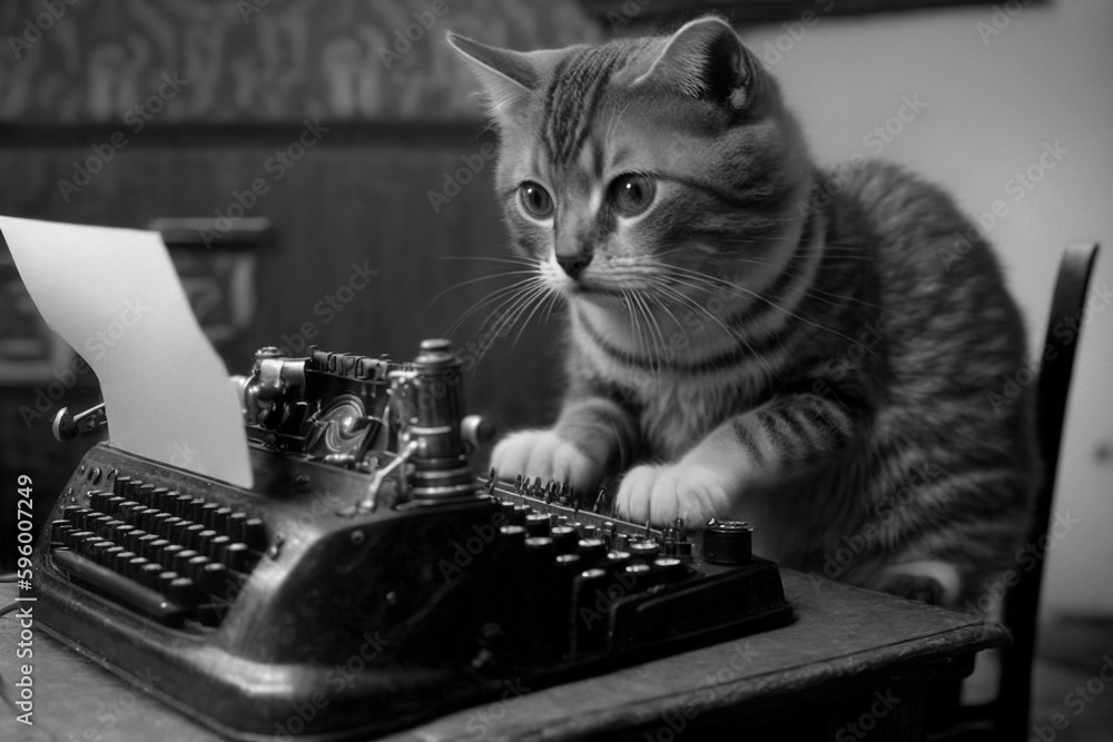 Cat using a typewriter to type a letter to its owner, concept of Animal Communication and