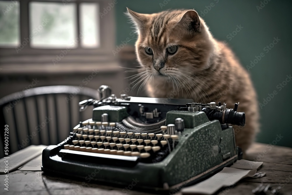Cat using a typewriter to type a letter to its owner, concept of Animal