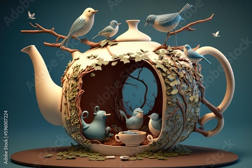 Bird feeder made out of a teapot with a group of birds enjoying a meal, concept of Recycling art and Bird watching, created with Generative AI technology