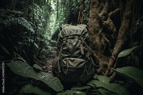Backpack hanging from a tree branch in a dense jungle  concept of Nature and Adventure  created with Generative AI technology