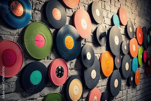 Group of vintage records arranged to form a colorful wall display, concept of Record Collection and Interior Decor, created with Generative AI technology