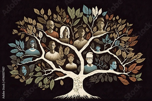 Fototapet Family tree with branches extending back several generations with each family me