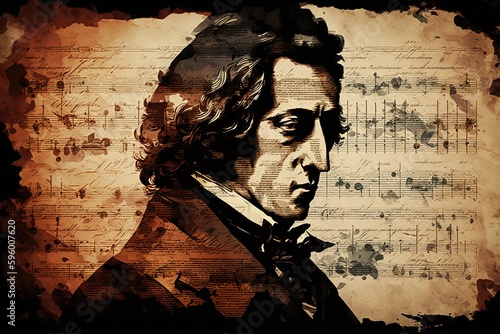 Sheet music by chopin, concept of Music notation and Chopin compositions, created with Generative AI technology photo