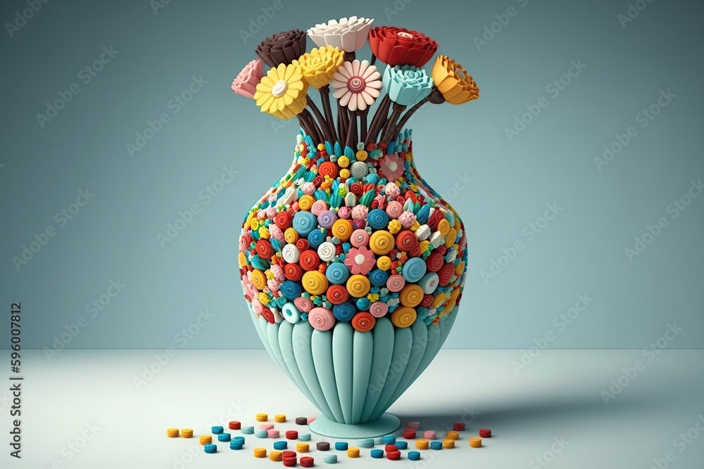 Vase with a flower arrangement made entirely out of candy, concept of