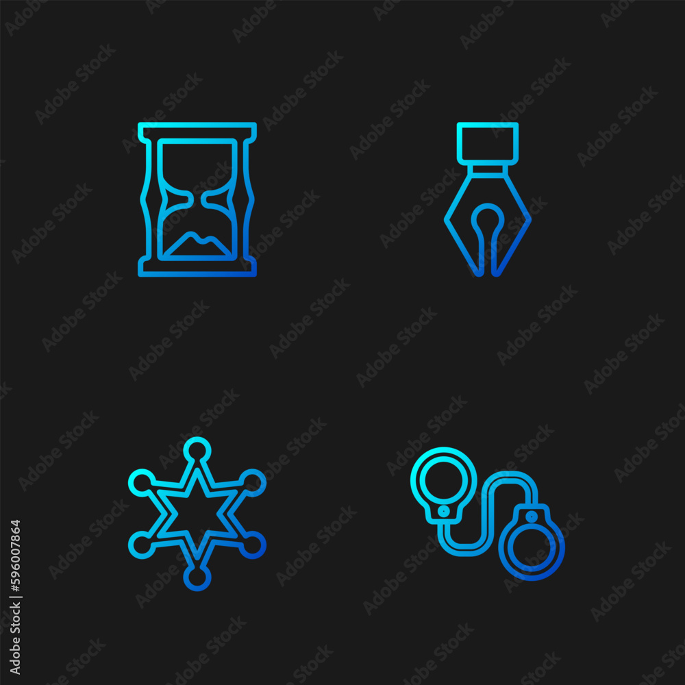 Set line Handcuffs, Hexagram sheriff, Old hourglass and Fountain pen nib. Gradient color icons. Vector Set line Handcuffs, Hexagram sheriff, Old hourglass and Fountain pen nib. Gradient color icons. Vector