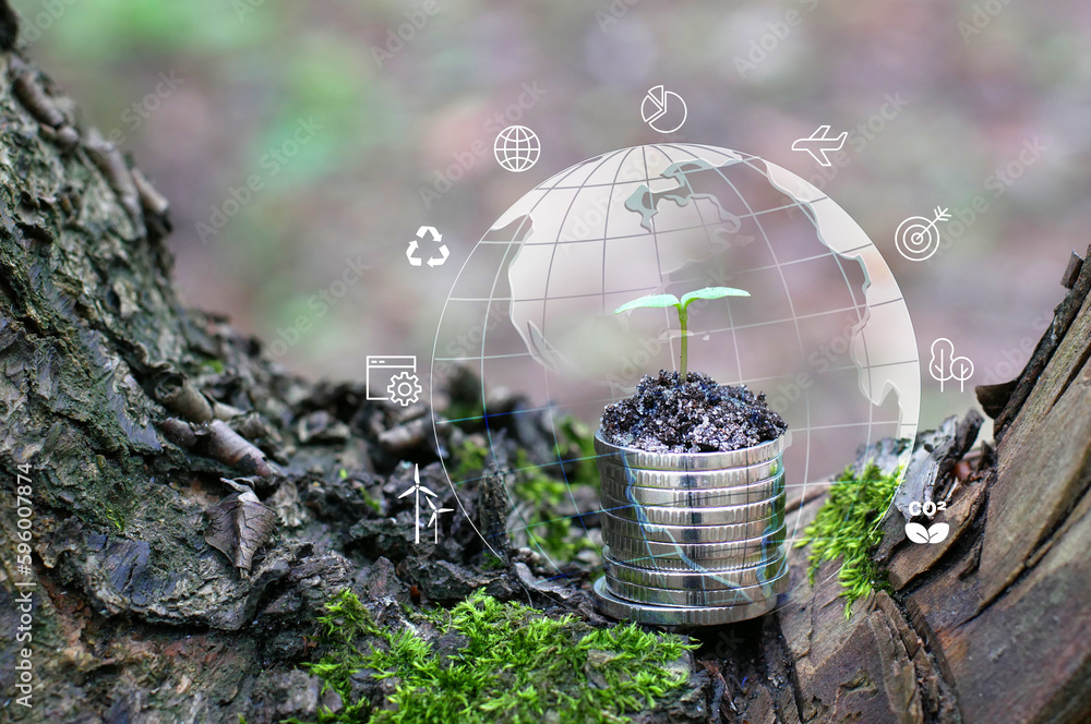 Investments concept.The emblems of the cyclic economy On green backdrop ...