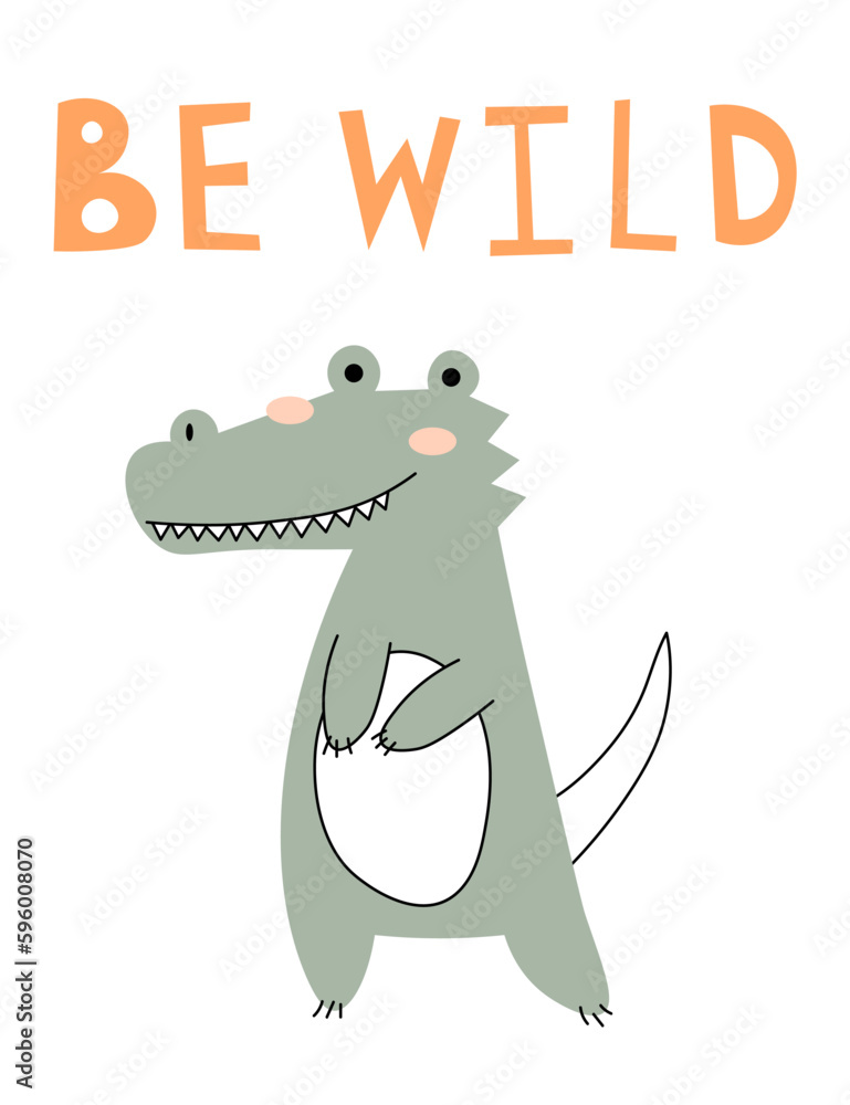 Obraz premium Cute crocodile card tile greeting Text Hello. Alligator cartoon for t-shirt, print, product, flyer, patch, fabric, textile, fashion, baby, kid, hand drawn style. vector illustration EPS