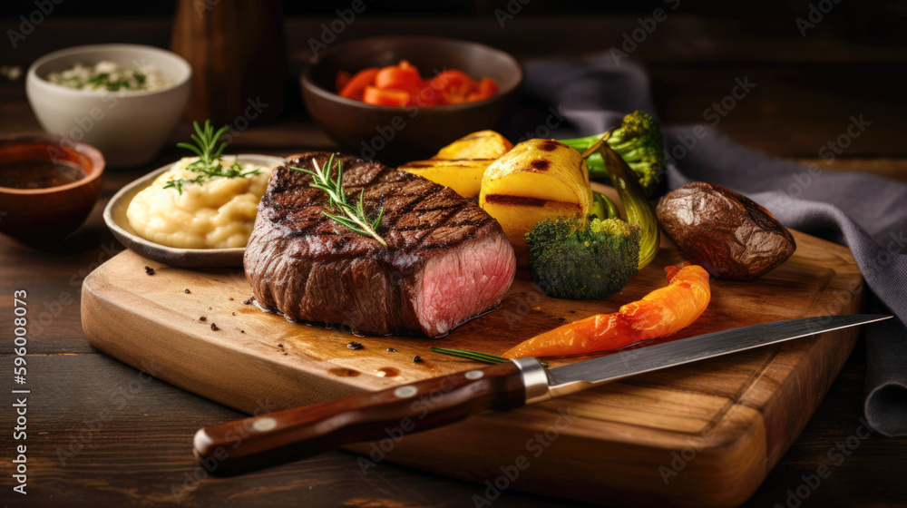 steak with potatoes and carrots on a wooden board, rustic style