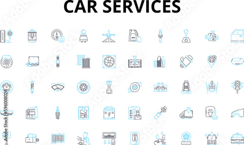 Car services linear icons set. Maintenance, Repair, Detailing, Restoration, Inspection, Towing, Alignment vector symbols and line concept signs. OilChange,Tune-up,Brakes illustration