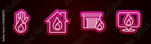 Set line No fire, Fire in burning house, garage and Location with flame. Glowing neon icon. Vector