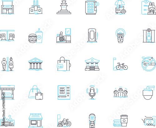 Progressive cityscape linear icons set. Futuristic, Sustainable, Vibrant, Eco-friendly, Inclusive, Stylish, Dynamic line vector and concept signs. Innovative,Collaborative,Smart outline illustrations