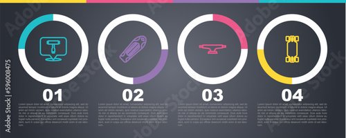 Set line Skateboard T tool, deck, wheel and Longboard or skateboard. Business infographic template. Vector