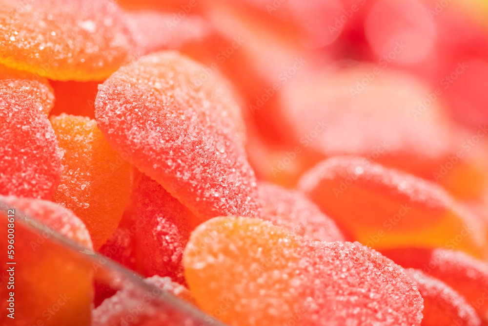 Flat composition of heart-shaped jelly candies in a market, selective approach Flat composition of heart-shaped jelly candies in a market, selective approach
