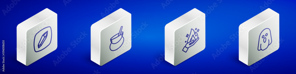 Set Isometric line Magic stone, Witch cauldron, Hand holding fire and Ghost icon. Vector Set Isometric line Magic stone, Witch cauldron, Hand holding fire and Ghost icon. Vector
