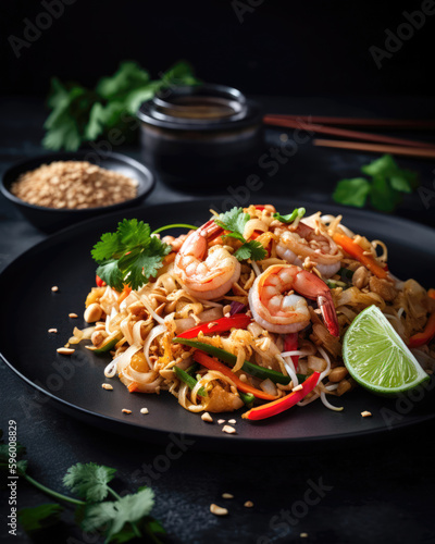 Stir fry noodles with shrimps and vegetables on black background