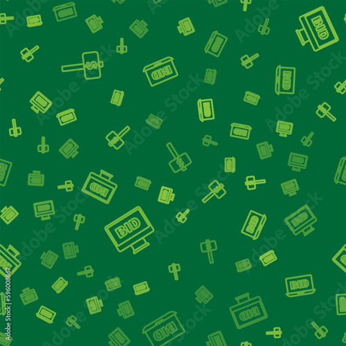 Set line Hand holding auction paddle, Online and on seamless pattern. Vector