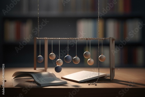 Publishing leads to success & happiness, symbolized by 'publishing' and a newton cradle. 3D illustration. Generative AI