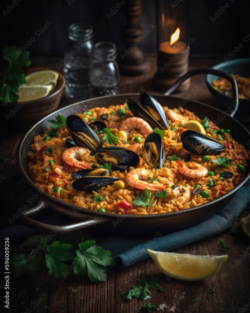 Seafood paella in a frying pan on a wooden background