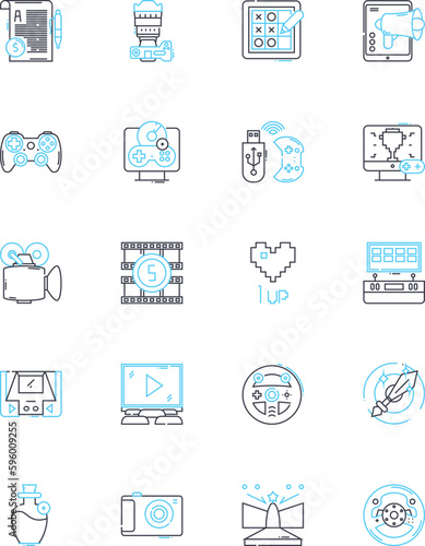 Film production linear icons set. Cinematography, Screenplay, Editing, Lighting, Sound, Directing, Casting line vector and concept signs. Script,Animation,Storyboarding outline illustrations