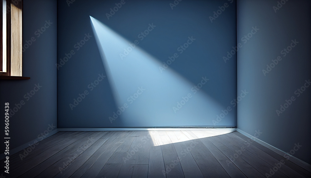 Blue empty wall and wooden floor with interesting light glare - Interior background for the presentation