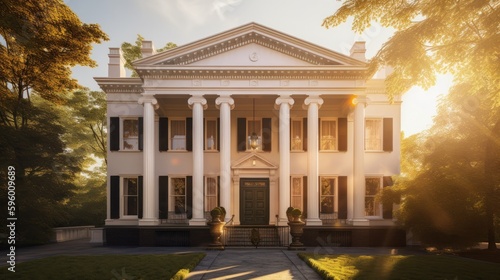 Greek revival exterior house design in daytime golden hour generative ai photo