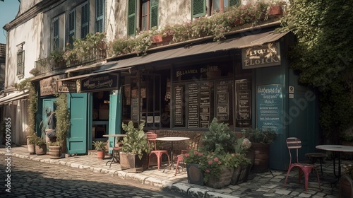Turquoise bohemian-style coffee house exterior  AI generated 