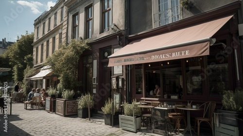 Classic and bohemian style French cafe exterior, AI generated