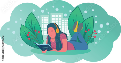 a girl reads a book and listens to music lying in nature in the grass, illustration a girl learns lessons outdoors, urban environment and away from the city in silence