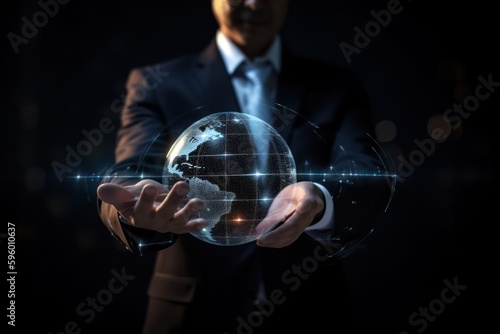 Businessman holding global network concept in his hand. Generative AI