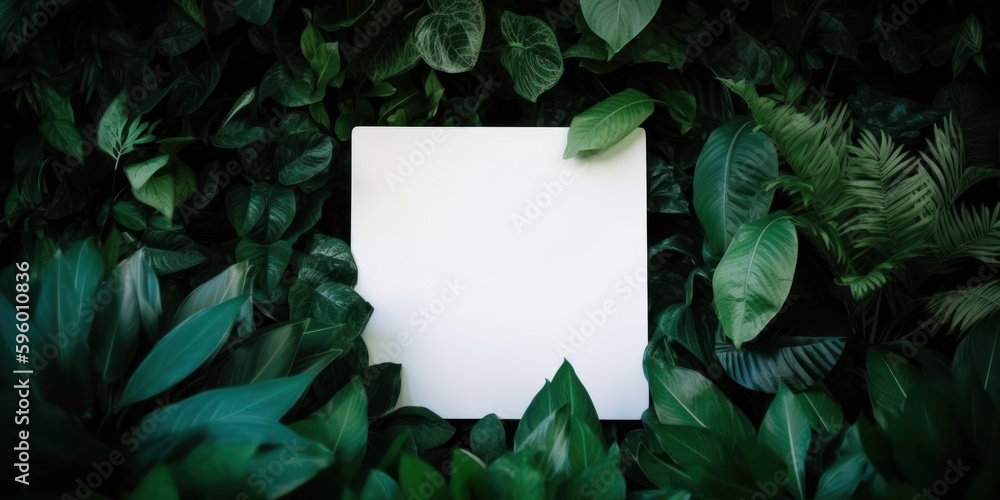 Blank white paper sheet with green leaves background, copy space. Generative AI Blank white paper sheet with green leaves background, copy space. Generative AI