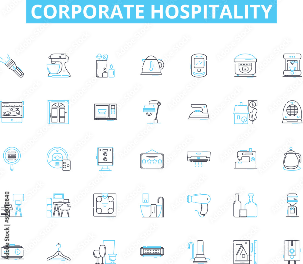 Corporate hospitality linear icons set. Nerking, VIP, Hospitality, Entertainment, Business, Event, Clientele line vector and concept signs. Corporate,Reception,Retreat outline illustrations