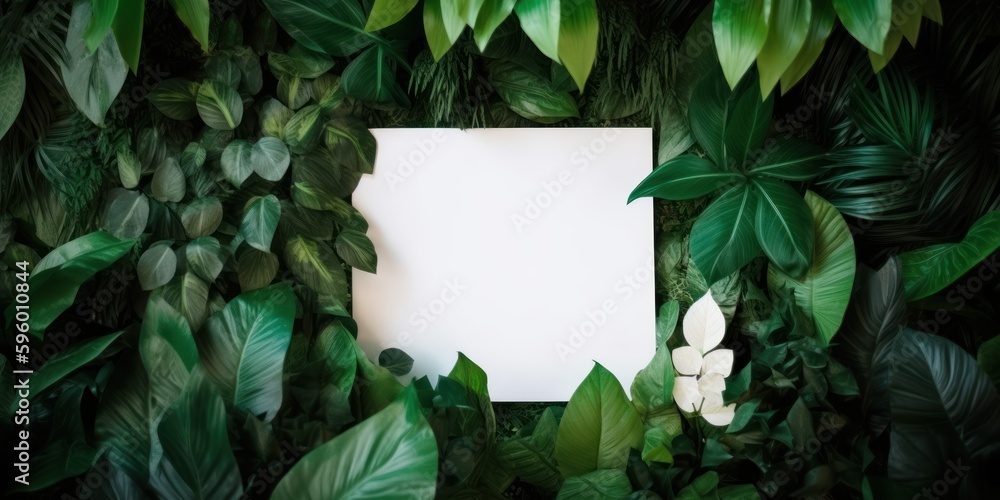 Blank white paper on green leaves background with copy space for text, Generative AI