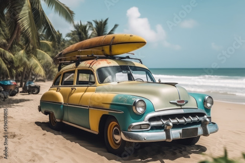 Vintage car with surfboard on the beach, vintage car on the beach, Generative AI © LAYHONG