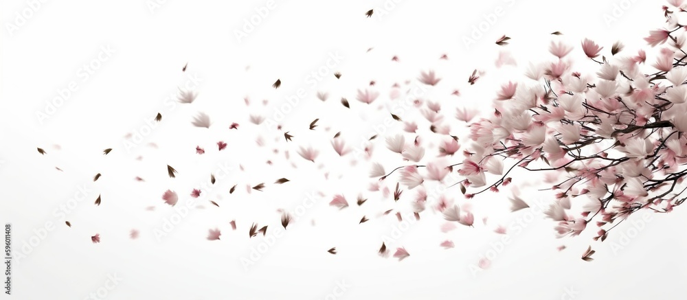 Cherry Blossoms on a Branch with White Background, Leaves flying in the Wind, Spring, Japanese, Sakura, Realistic