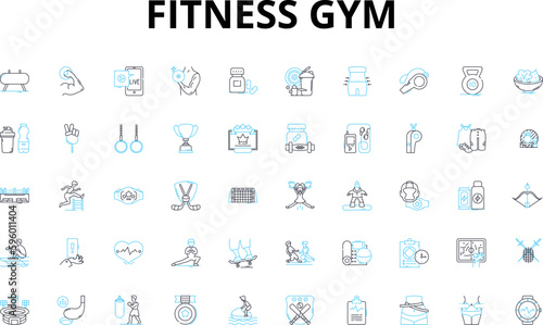 Fitness gym linear icons set. Workout, Health, Strength, Cardio, Endurance, Power, Fitness vector symbols and line concept signs. Wellness,Gym,Training illustration