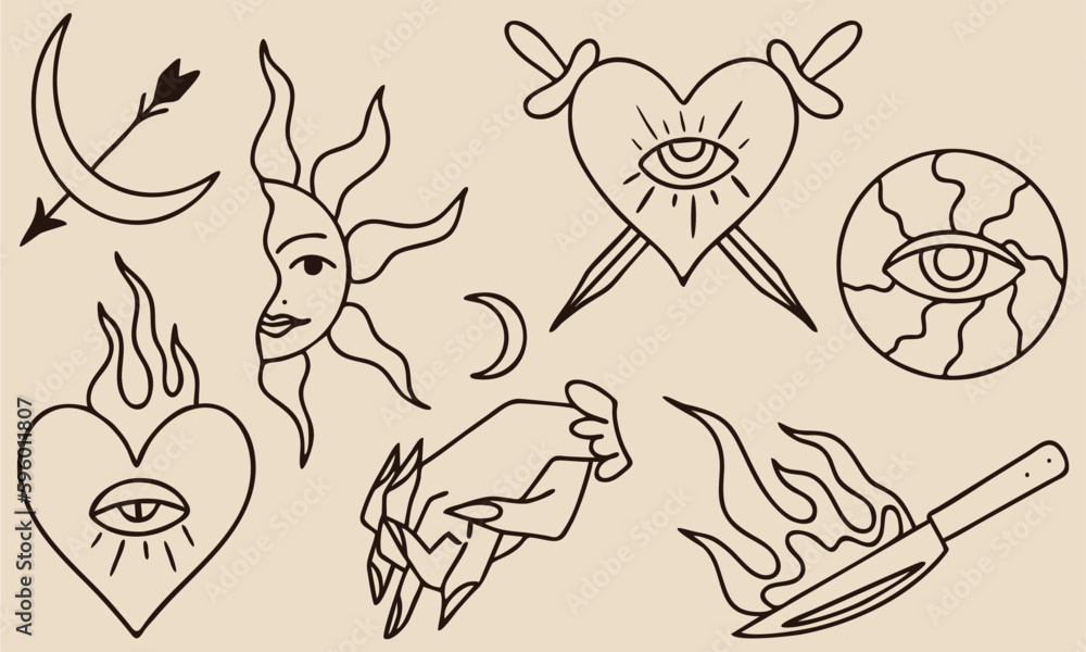 Fototapeta premium Set of contour stickers. Heart, knife, hands, crescent moon, sun. Design and print for t-shirts, bags, posters, invitations, cards, etc. Vector hand drawn illustration.
