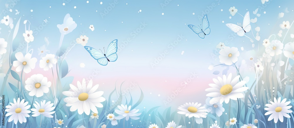 illustration of peaceful summer or spring garden in blue tone color, Generative Ai