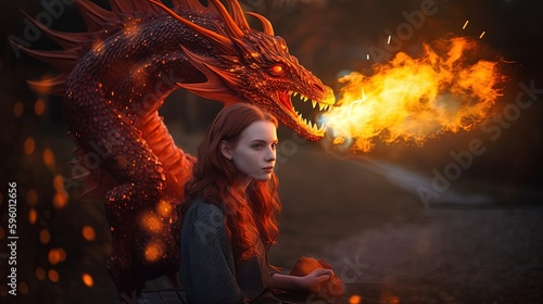 close up portrait of a woman with red fire dragon with flame , generative Ai photo