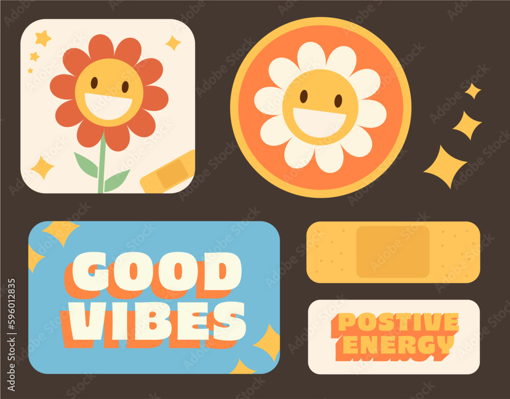 Groovy, Hippie 70s Stickers Set. Cute Cartoon Flowers, Good Vibes, Patch Happy Emotions Clothes Prints. Retro, Vintage, Y2K Psychedelic Characters (Full Vector)