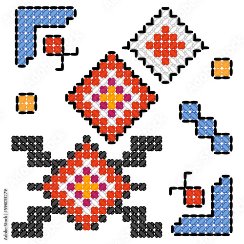 Traditional geometric ornament of triangles, squares, rhombuses and a stylized ladybug, a beetle, an ornament of Ukrainian embroidery with a cross, a charm, for the design of women's and men's clothin