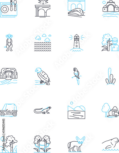 Wellness getaway linear icons set. Retreat, Serenity, Restoration, Relaxation, Mindfulness, Rejuvenation, Harmony line vector and concept signs. Balance,Healing,Renewal outline illustrations