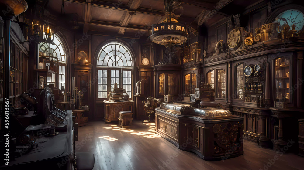 Steampunk museum with warm rich wood paneling, rich wood cabinets with glass doors and arched windows.   