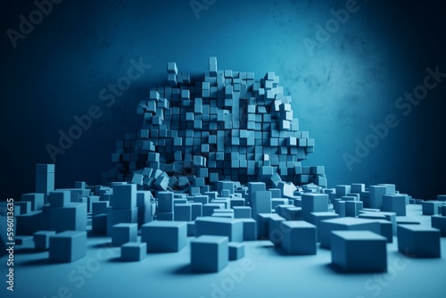 Interlocking 3D blocks in various shapes create a wall on a blue tech background with space for text. Generative AI